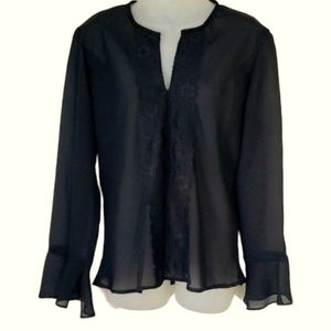 FASHION BUG Sheer Sexy Pull Over Black Blouse Long Bell Sleeves Lace Neckline